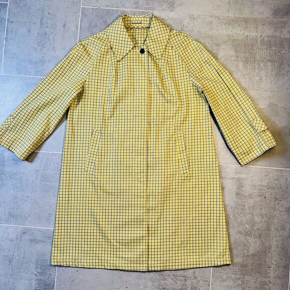 Vintage 70s Sears Perma Prest Plaid Long Jacket Coat Yellow Blue Grid - Picture 1 of 15
